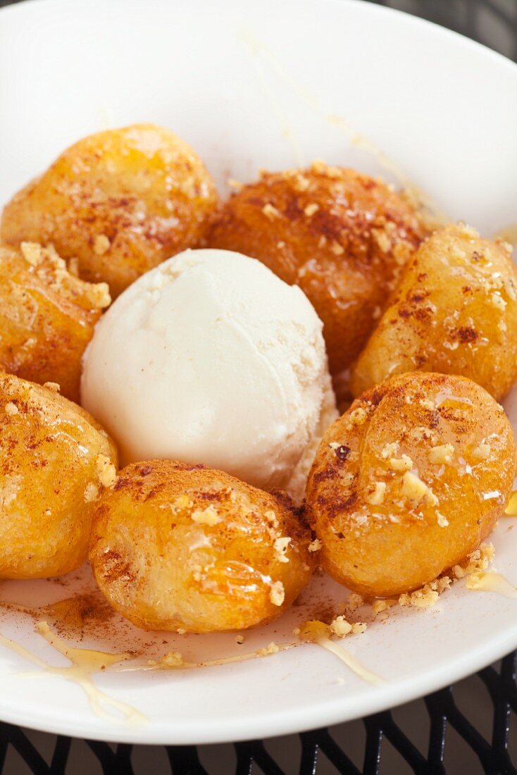 Loukoumades; Greek Fried Dough Balls with Honey and Cinnamon; Vanilla Ice Cream