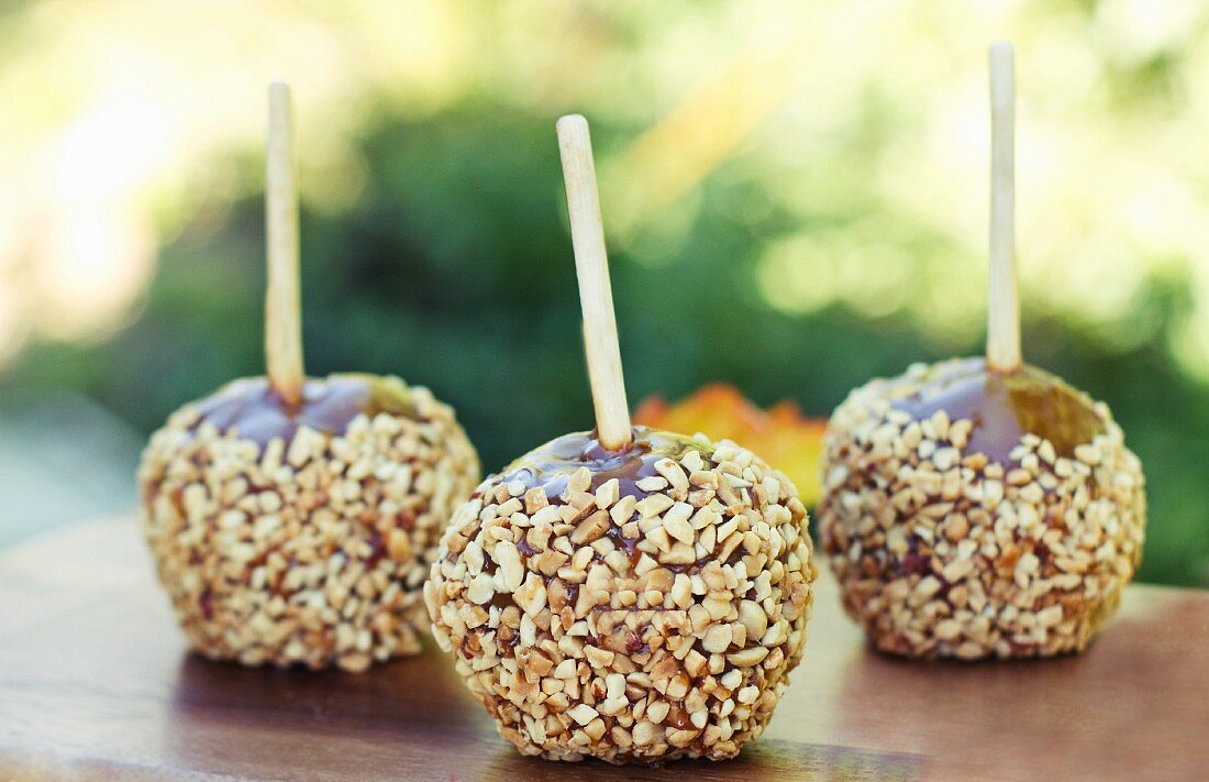 Three Caramel Apples Coated with Chopped Nuts