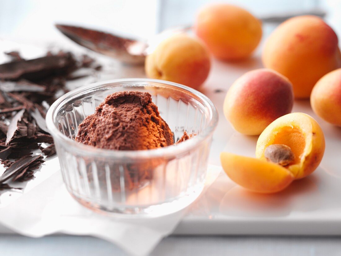 Mousse au chocolat and fresh apricots