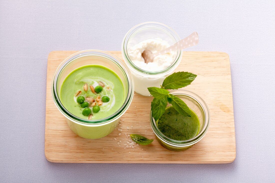 Iced pea soup with cottage cheese and mint oil