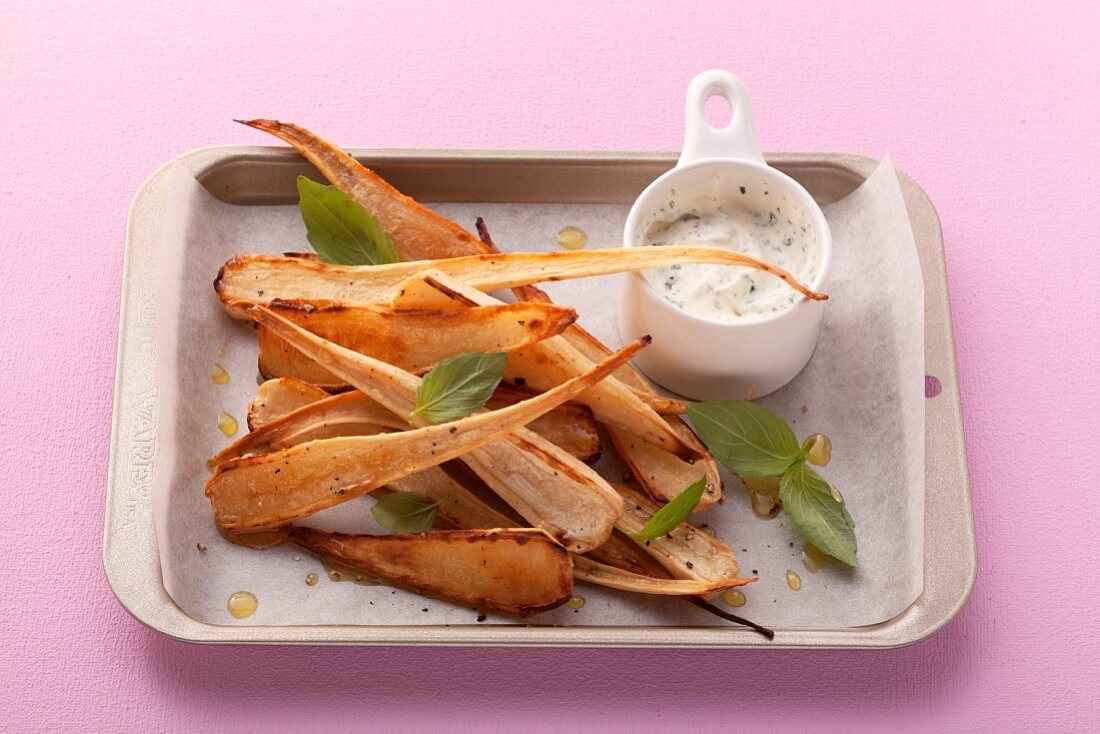 Oven-baked parsnips and a creme fraiche dip