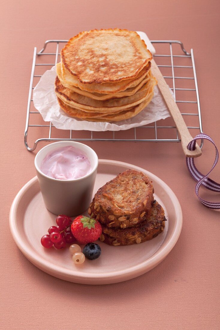 Pancakes and French toast with berry quark