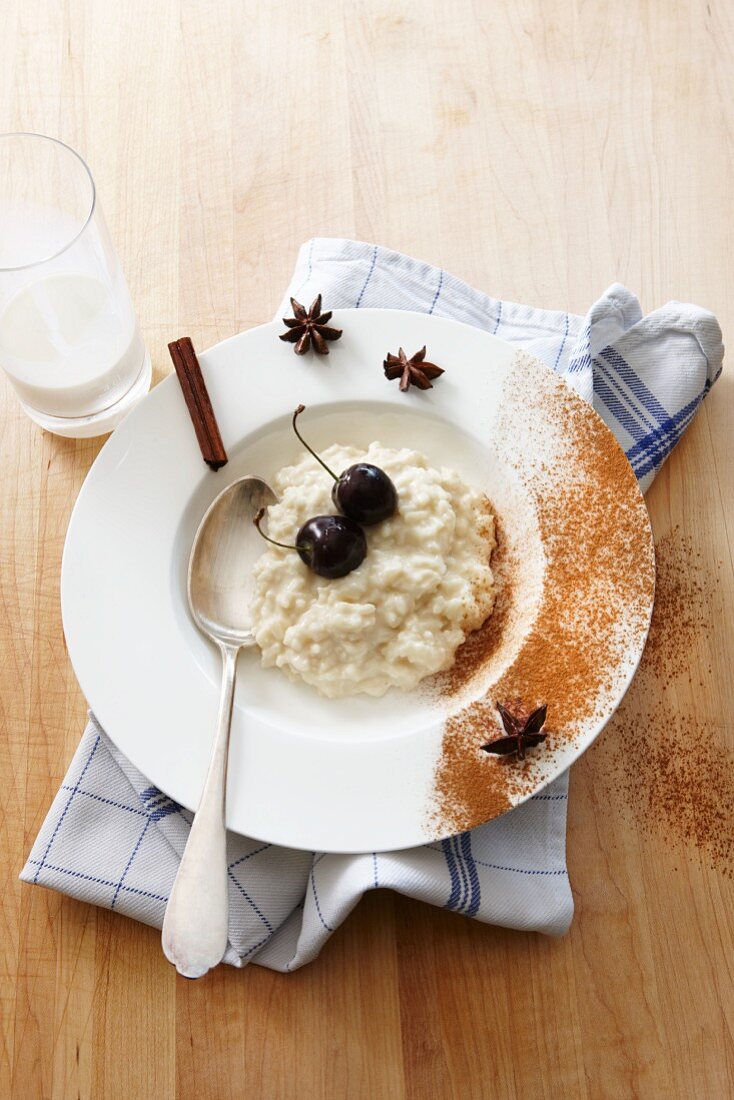 Rice pudding with cinnamon sugar and star anise
