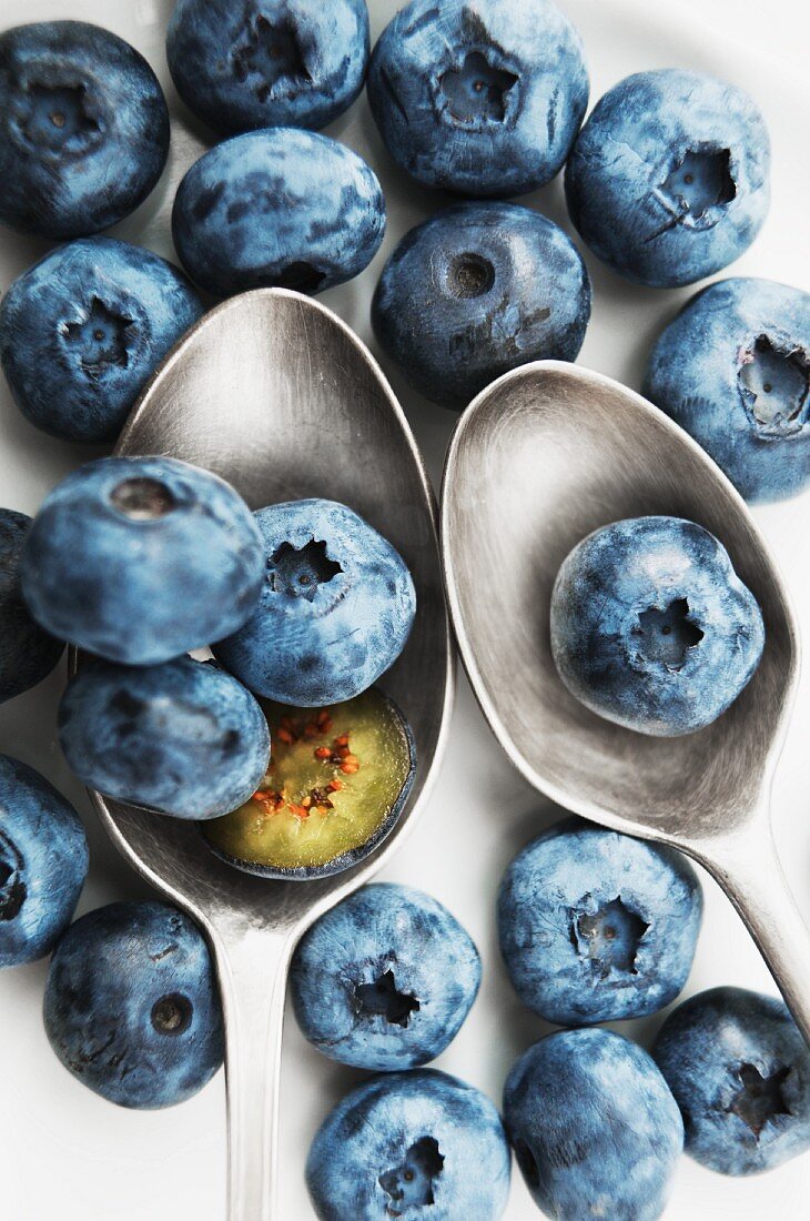 Blueberries on spoons including one halved
