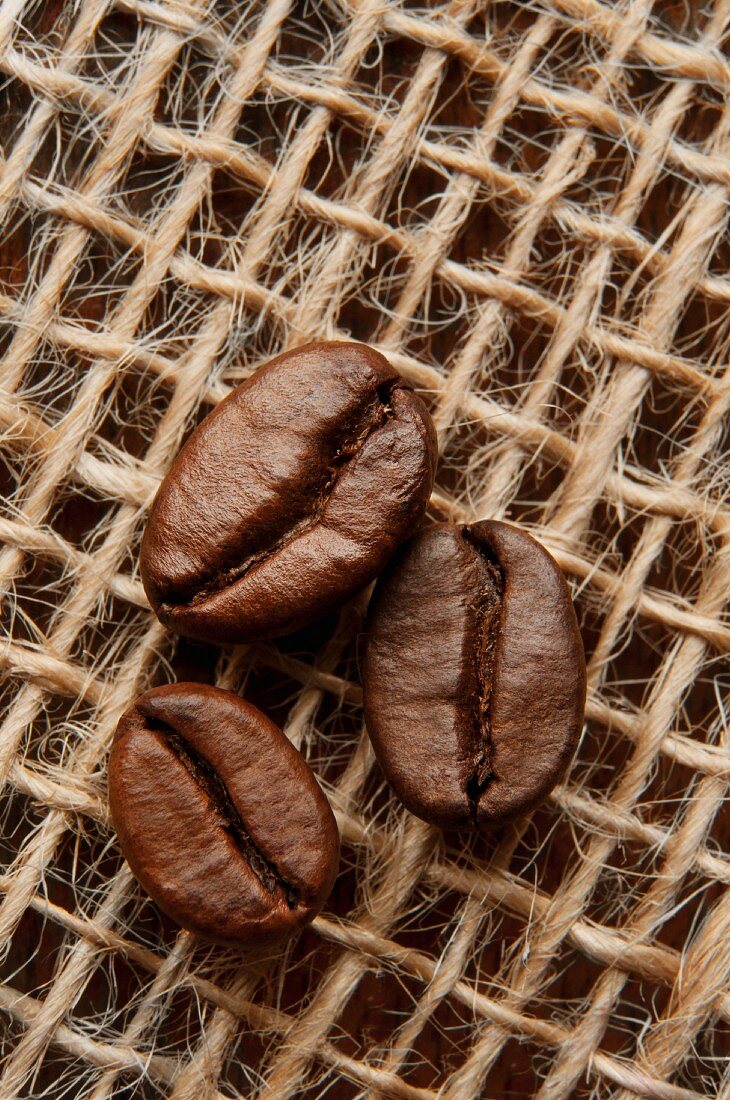 Three coffee beans on a piece of jute