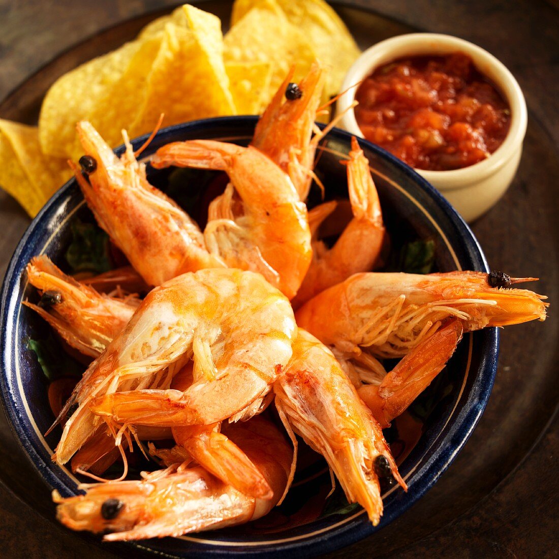 Bowl of Whole Shrimp with Tortilla Chips and Salsa