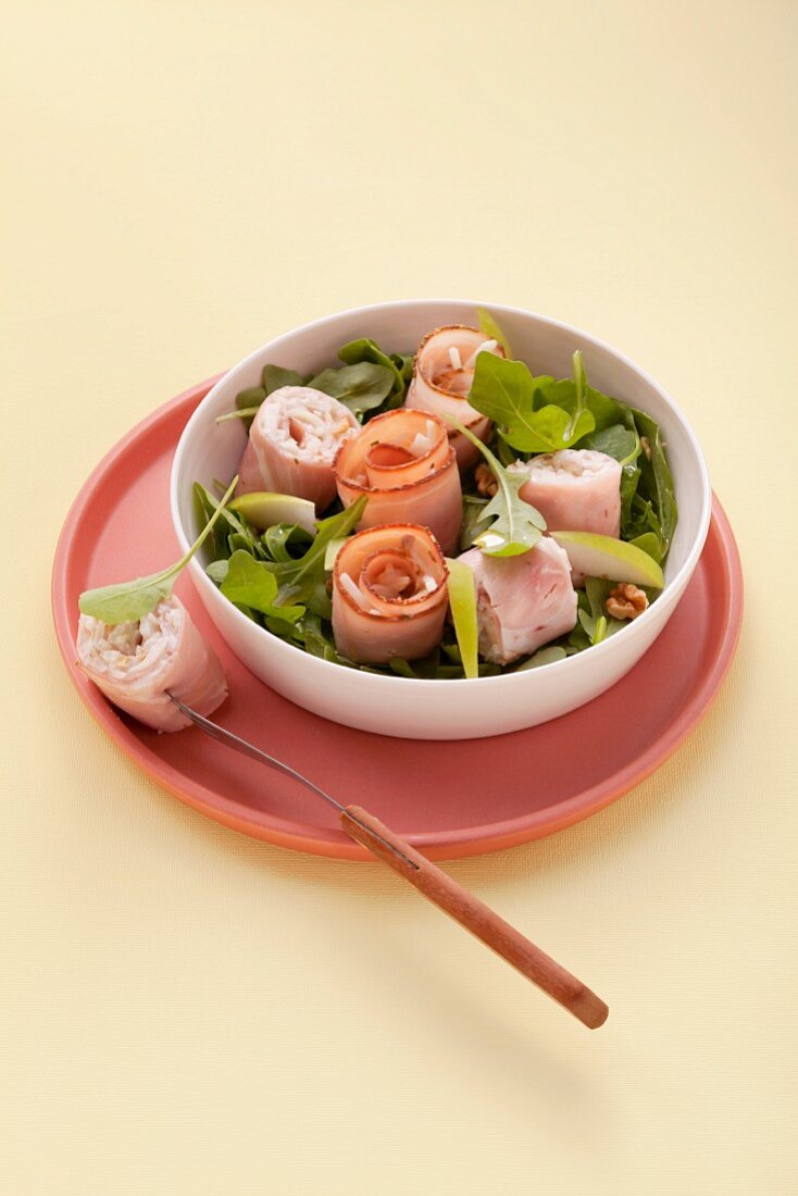Ham rolls filled with Waldorf salad and rocket