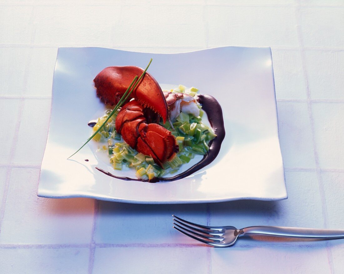 Lobster with a leek medley and chocolate sauce