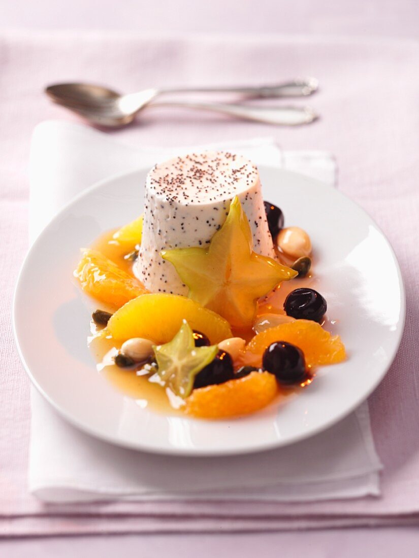 Carrot flan with exotic fruit salad