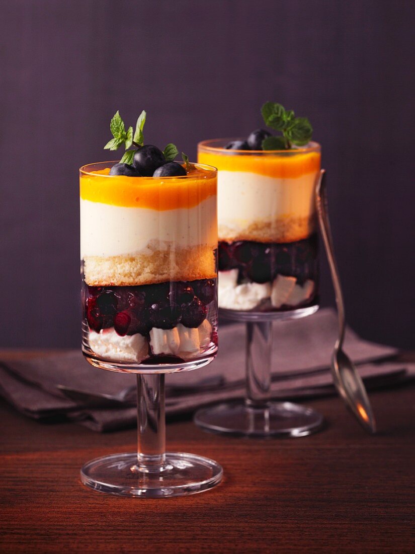 Layered dessert with vanilla cream and blueberries