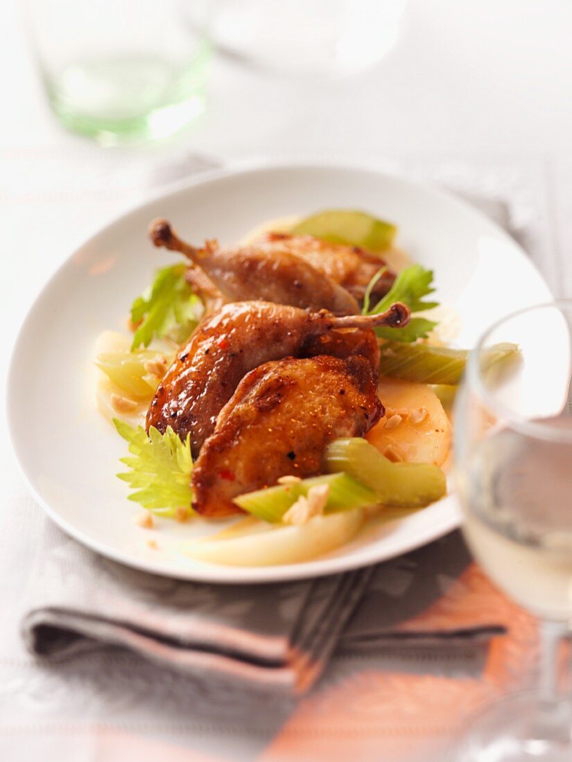 Roast quail with celery