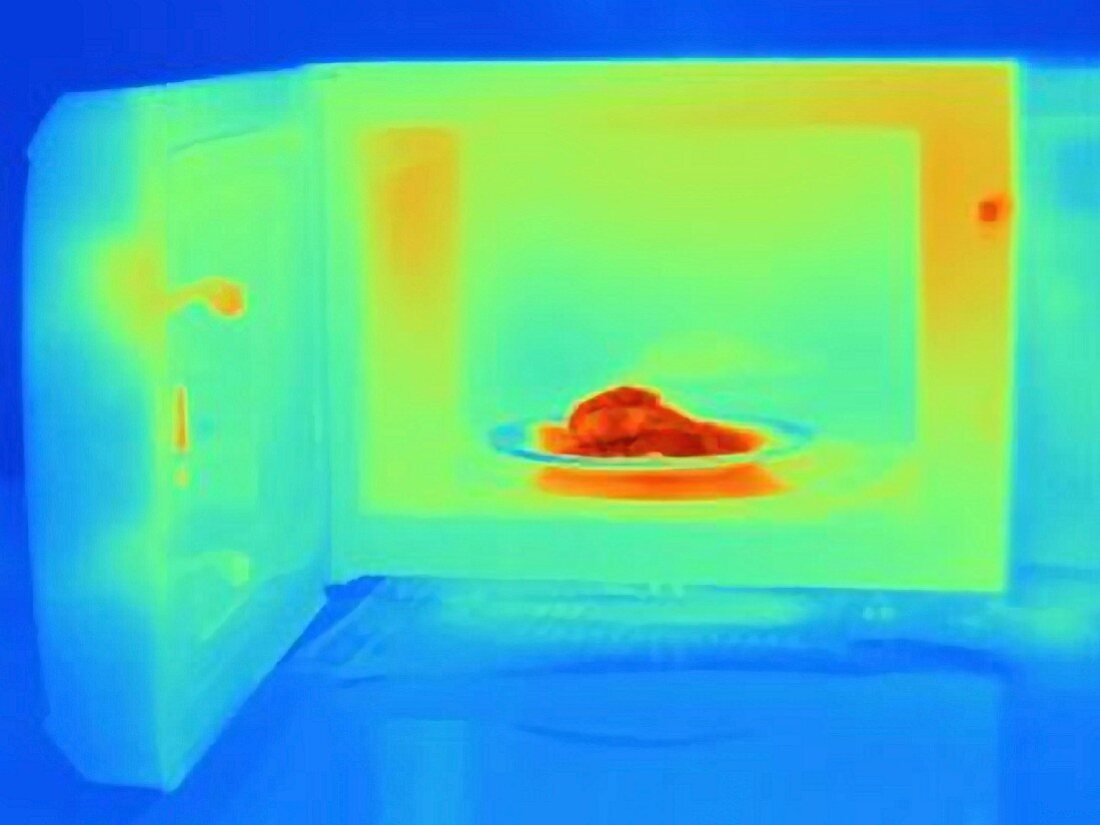 An infa red picture of an open microwave