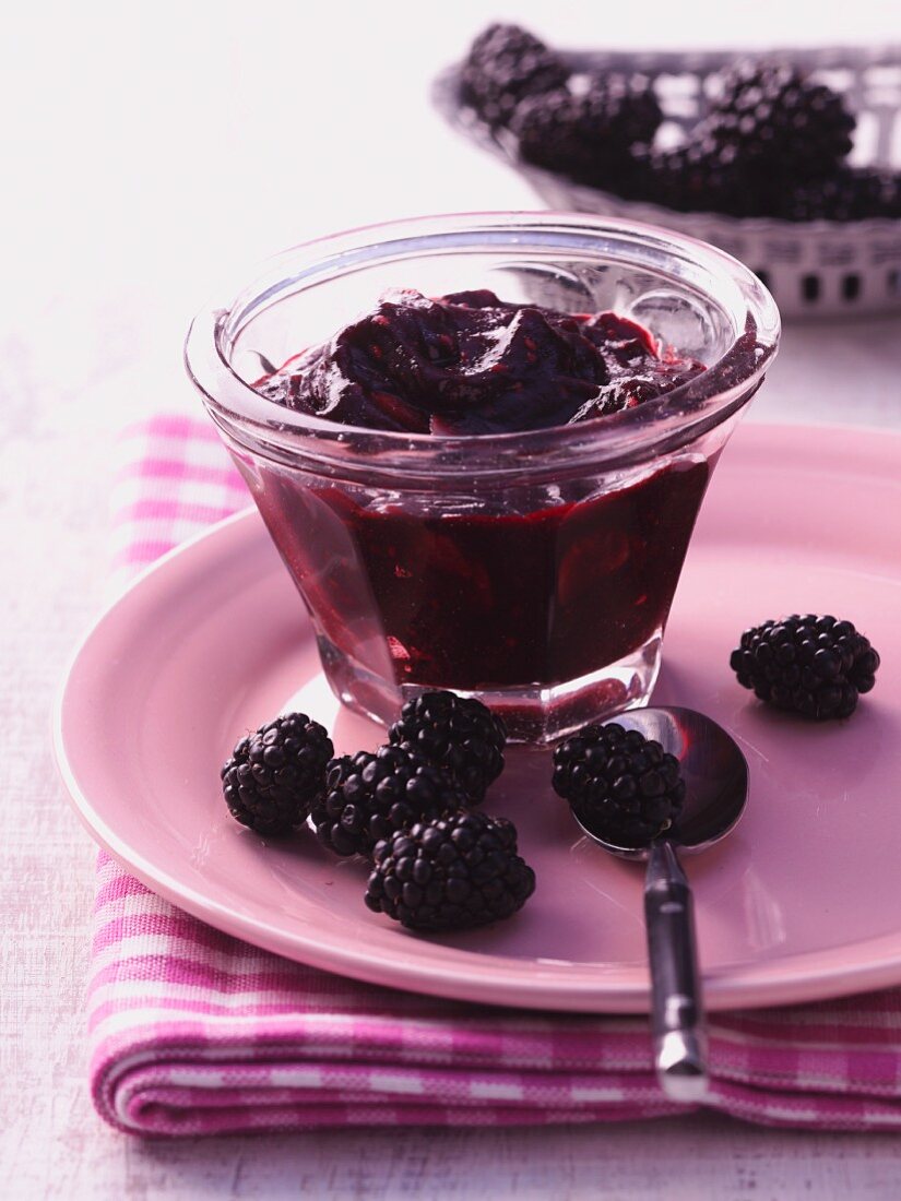 Blackberry and almond jam in a glass bowl
