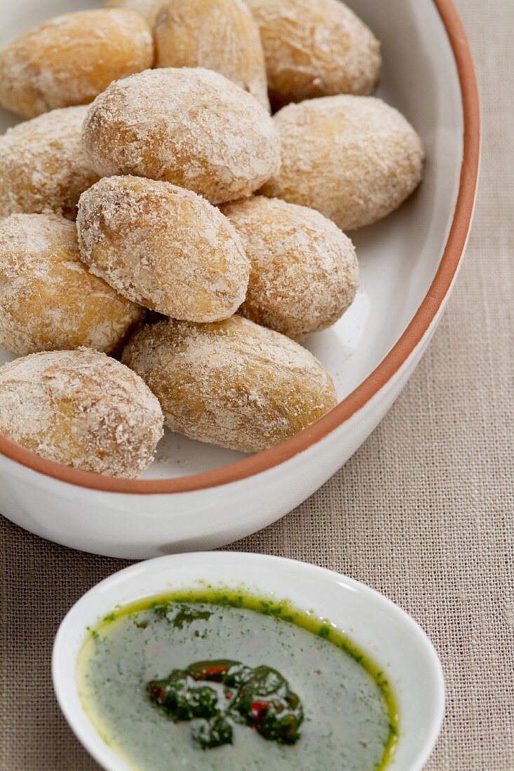 Papas Arrugadas (potatoes with a salt crust, Canary Islands) with mojo sauce