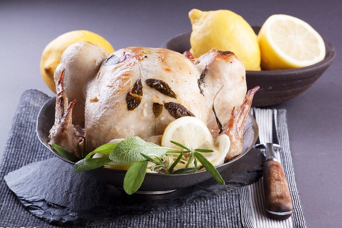 Roast chicken with sage and lemons