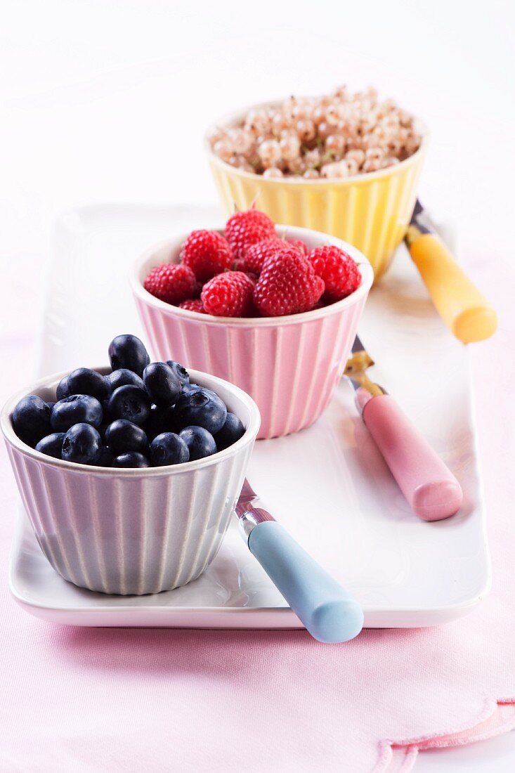 An arrangement of berries: blueberries, raspberries and white currants