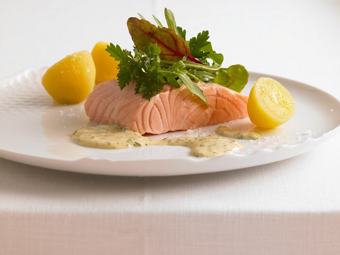 Poached salmon fillet with new potatoes and dill sauce