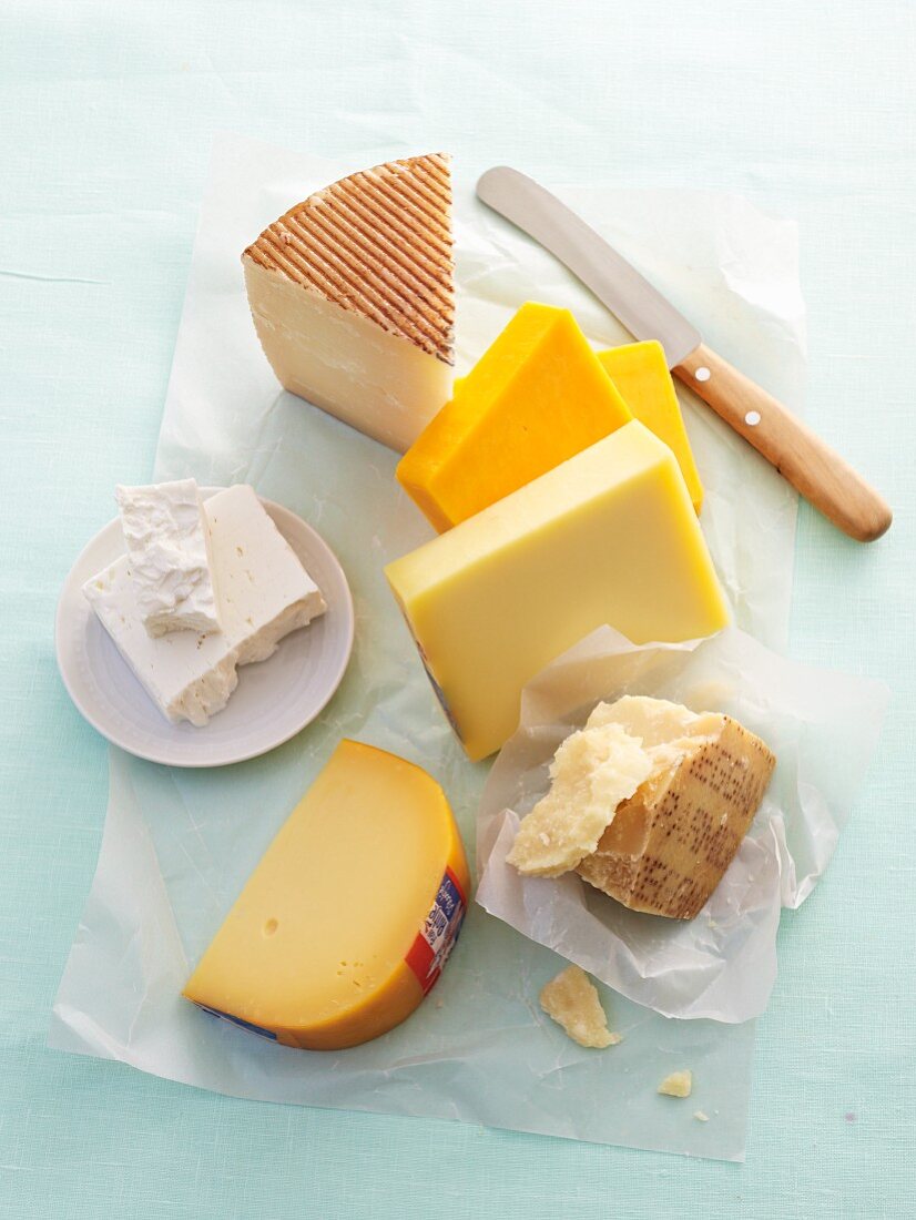 Cheeses, herbs, yoghurt and bread.