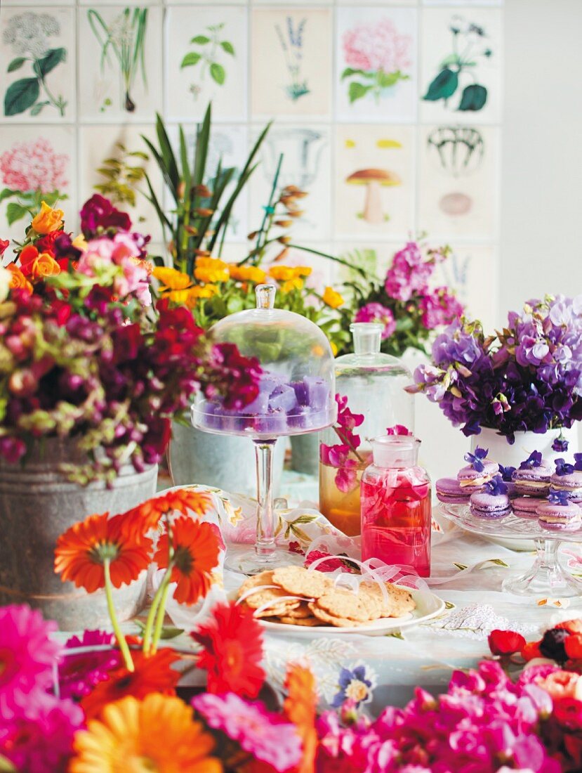 Sweets and home-made syrup made with lavender, violet and rose