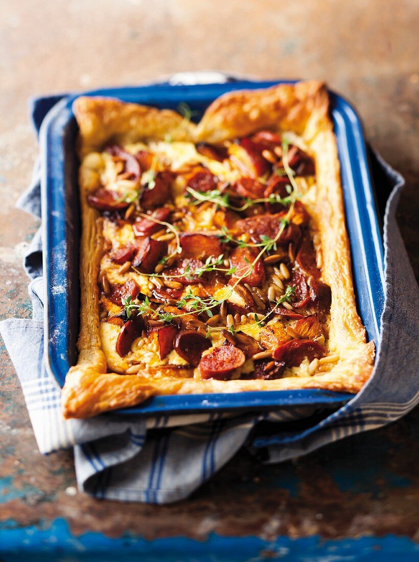 Puff pastry quiche with squash and chorizo