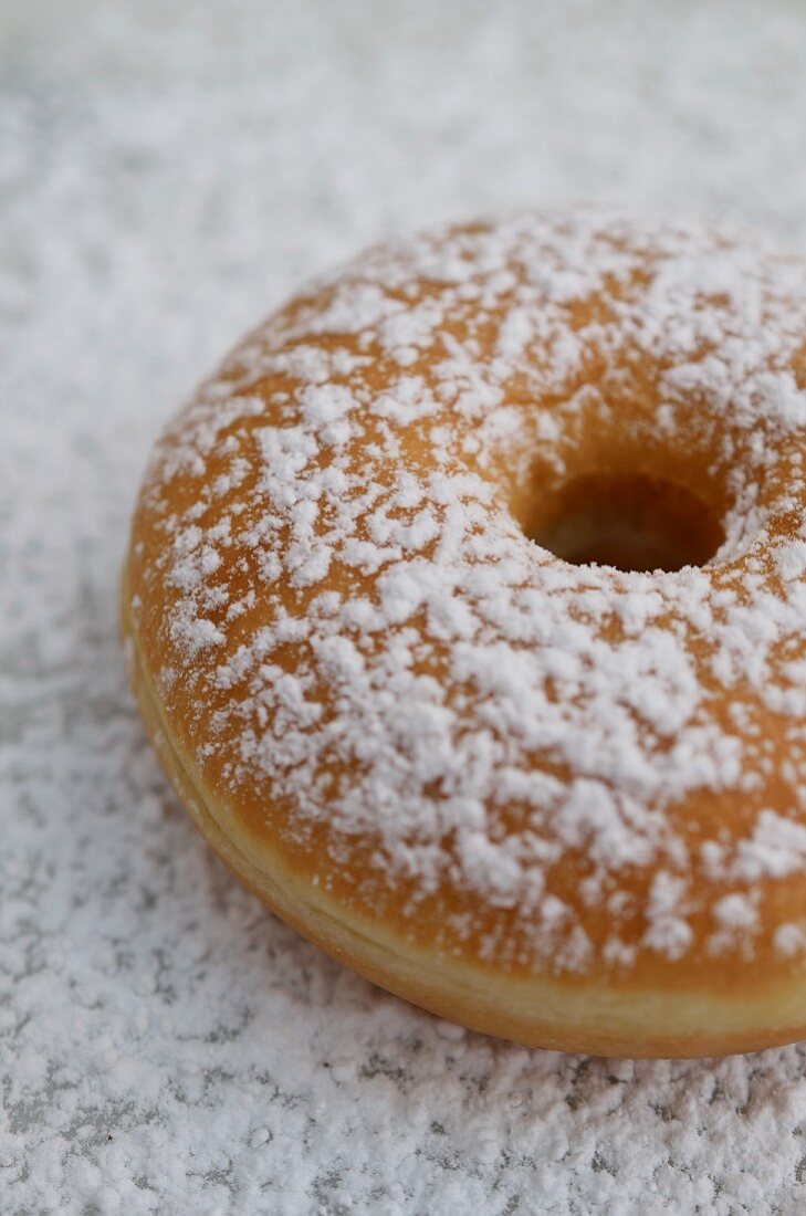 A doughnut dusted with icing sugar