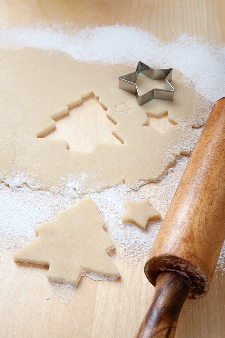 Christmas tree shapes cut out of sweet pastry