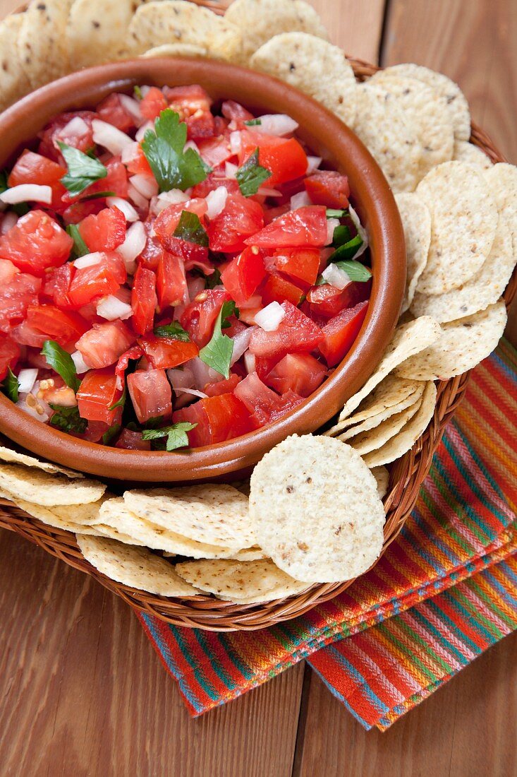 Bowl of Fresh Salsa with Tortilla Chips; From Above