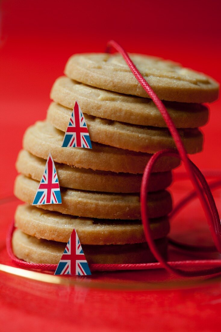 A stack of shortbread decorated with British flags