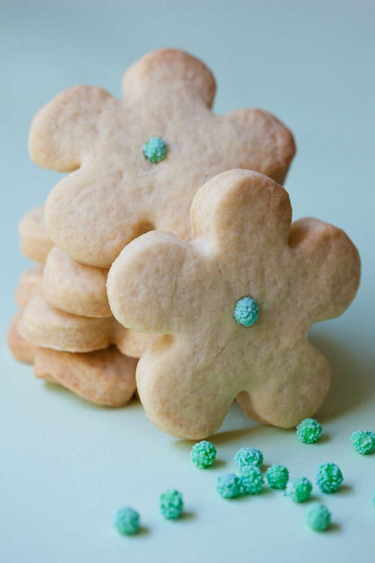 Shortbread biscuits decorated with sugar balls