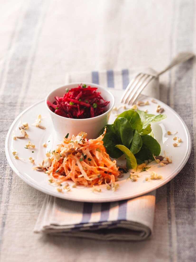Carrot salad with nuts and beetroot salad