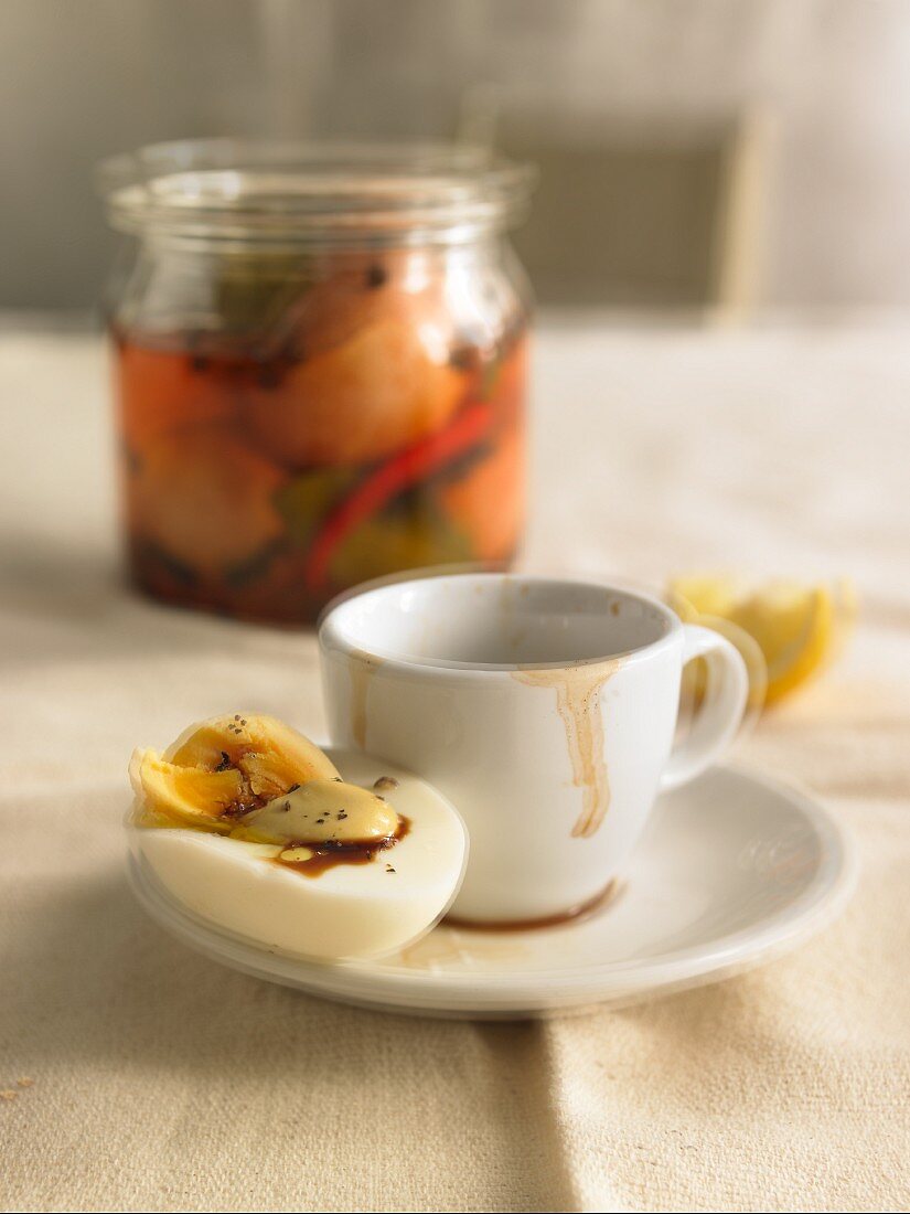 Pickled eggs and espresso with lemon - hangover breakfast