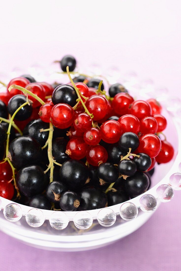 Blackcurrants and redcurrants in a glass bowl