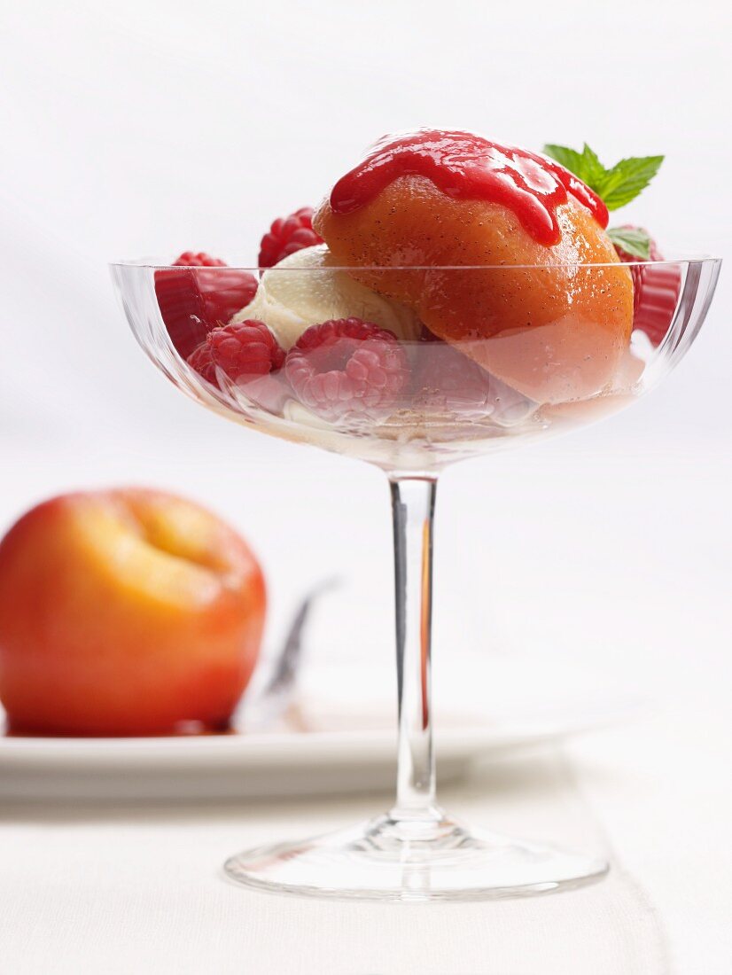 Peach Melba with raspberries