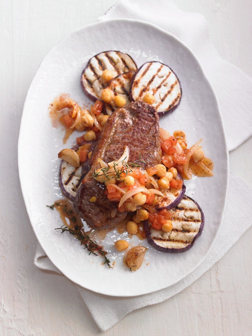 Rump steak with grilled aubergines and chickpeas