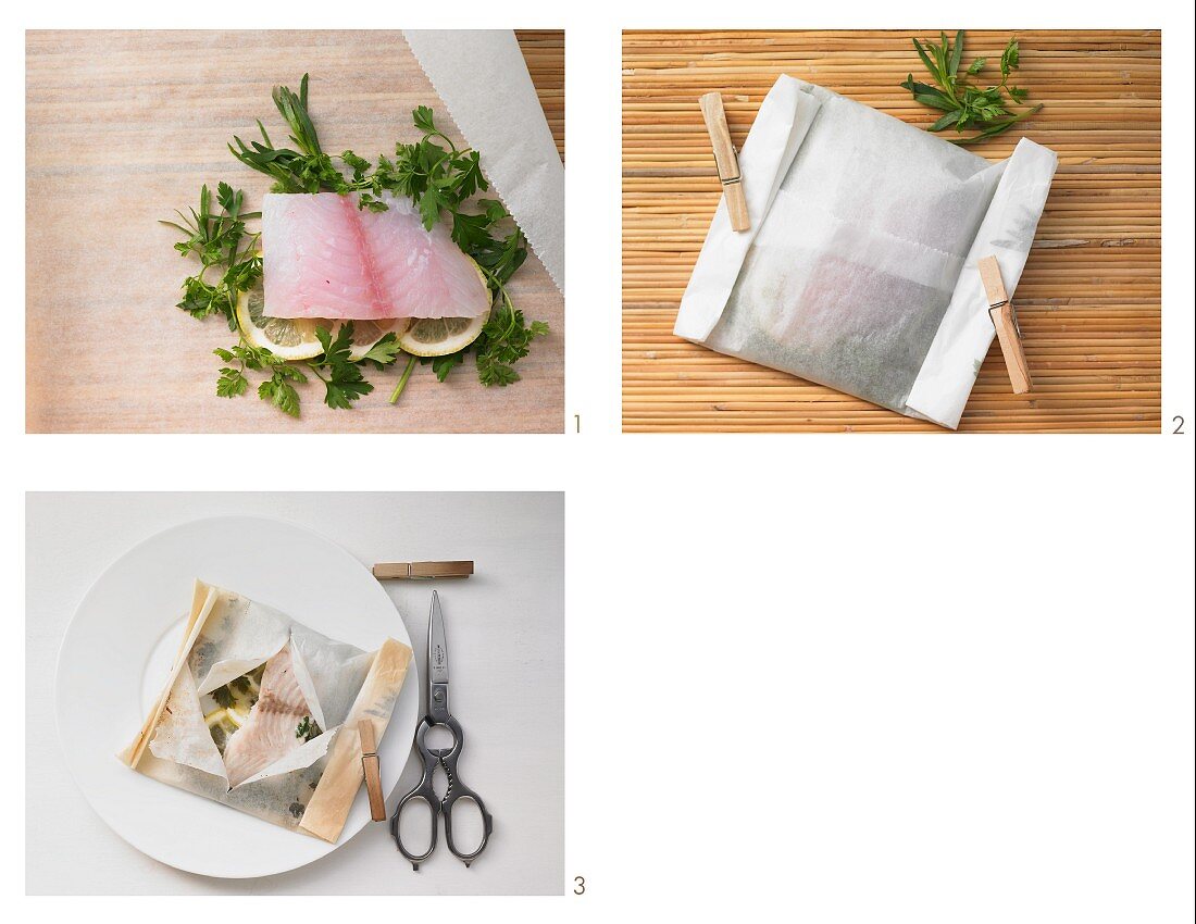 Fish fillet in a parchment paper being made