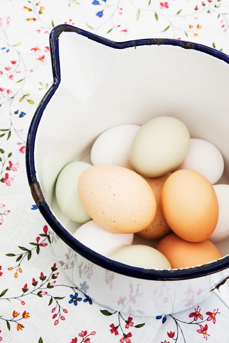 Fresh eggs from a farm (white, green, brown) in an old enamel jug