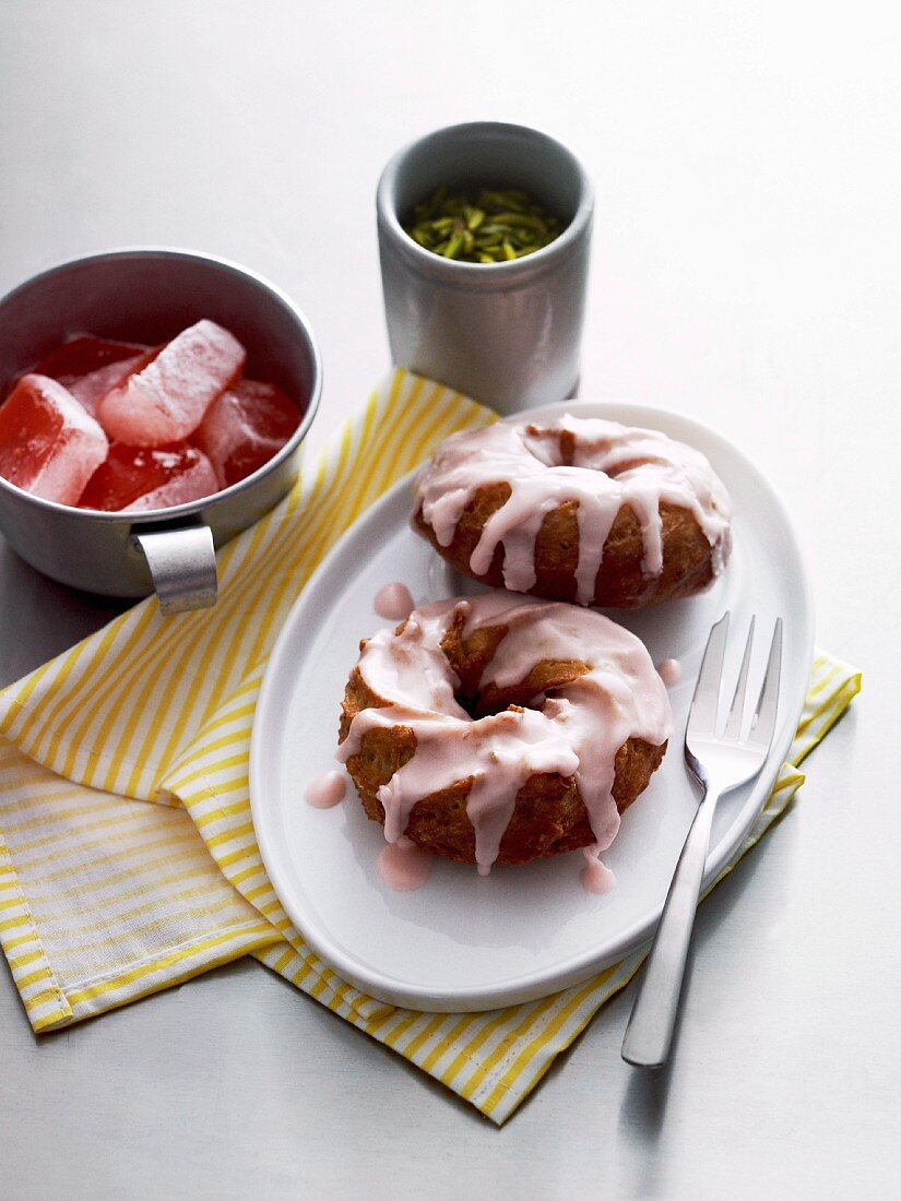 Pistachio doughnuts with rosewater glaze