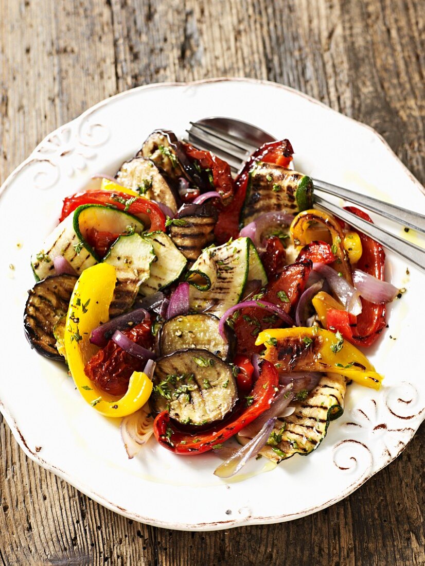 Grilled vegetables with an onion vinaigrette
