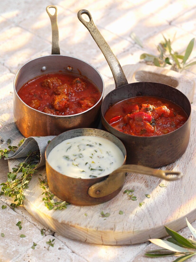 Various types of pasta sauce in copper pots
