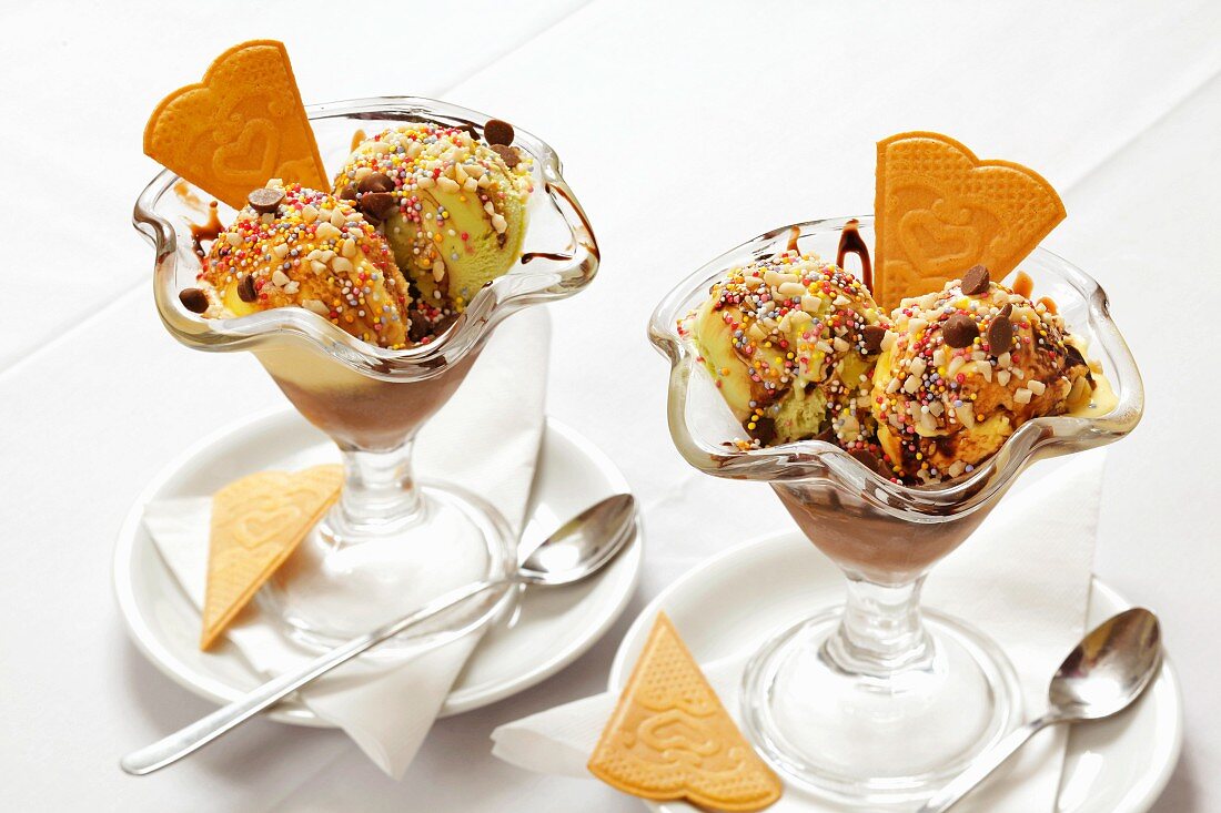 Pistachio ice cream sundaes with chocolate chips