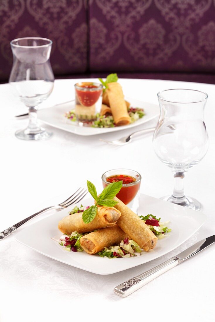 Spring rolls with salad and a chilli dip