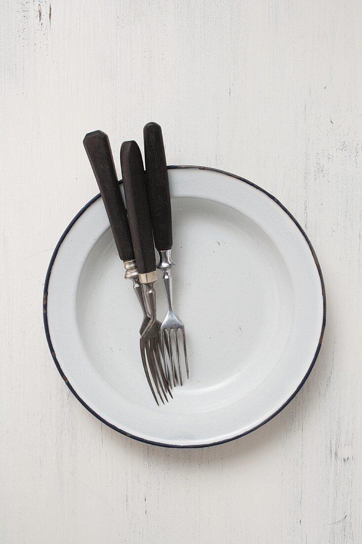 Three forks on an enamel plate