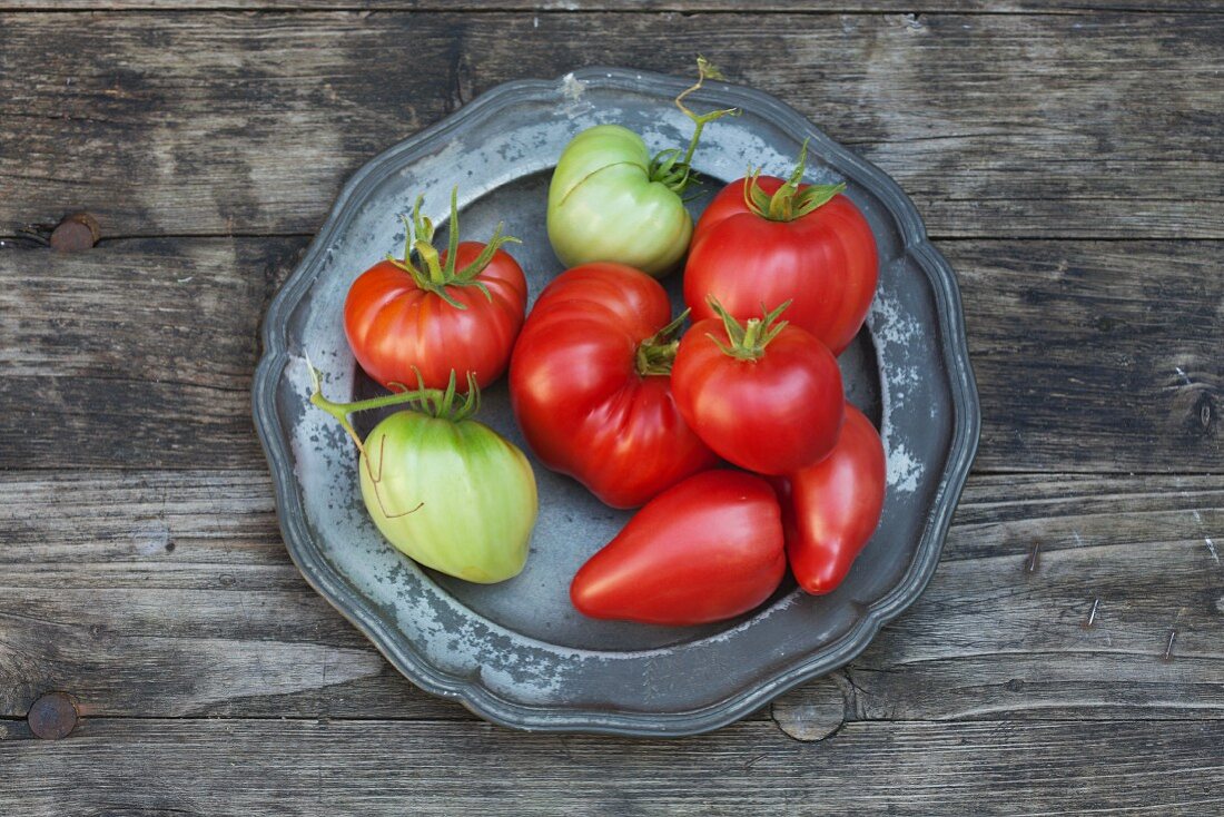 Rote und grüne Tomaten auf einem Teller