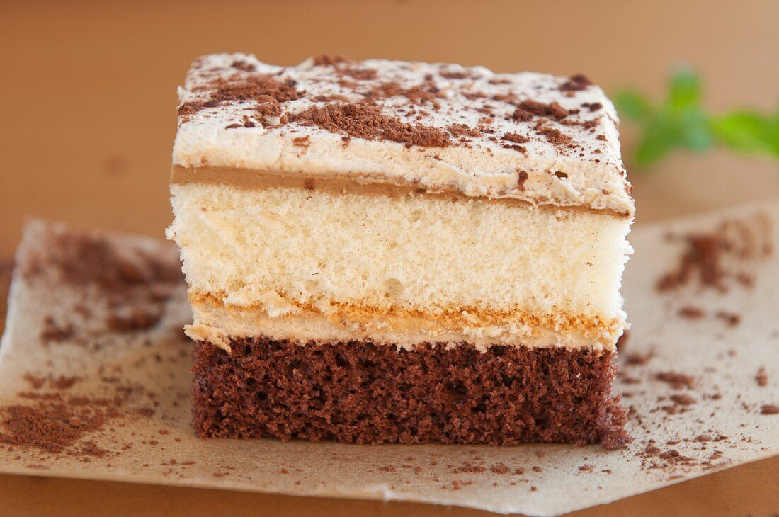 A slice of chocolate and vanilla layer cake