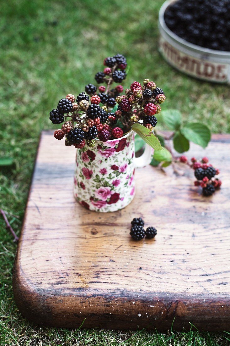 Wild blackberries in a small milk jug on a wooden board