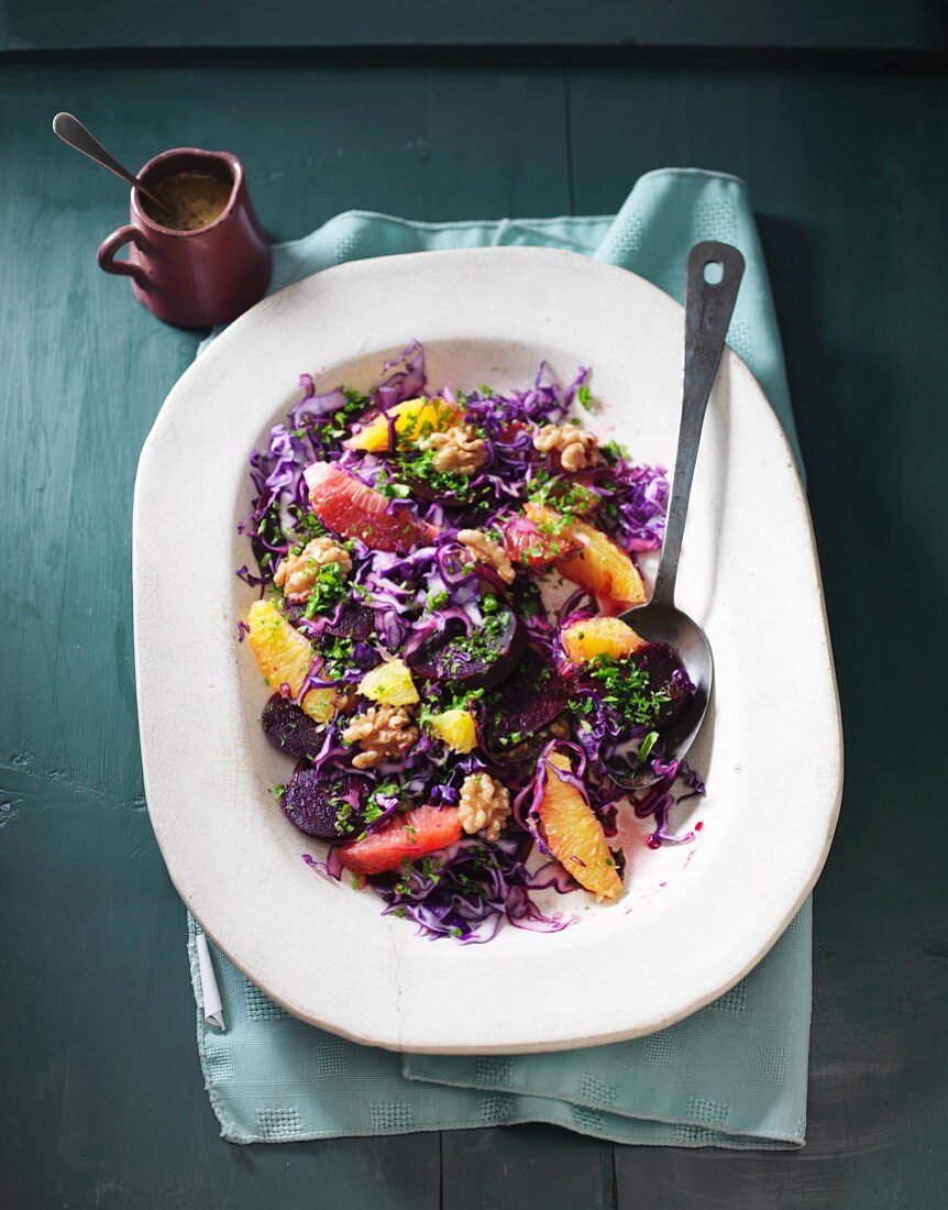 Red cabbage salad with beetroot and citrus fruits