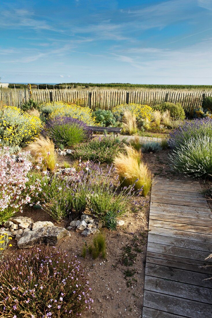 Blühender Garten mit Weg aus Holzdielen und Blick über Gartenzaun auf die Landschaft