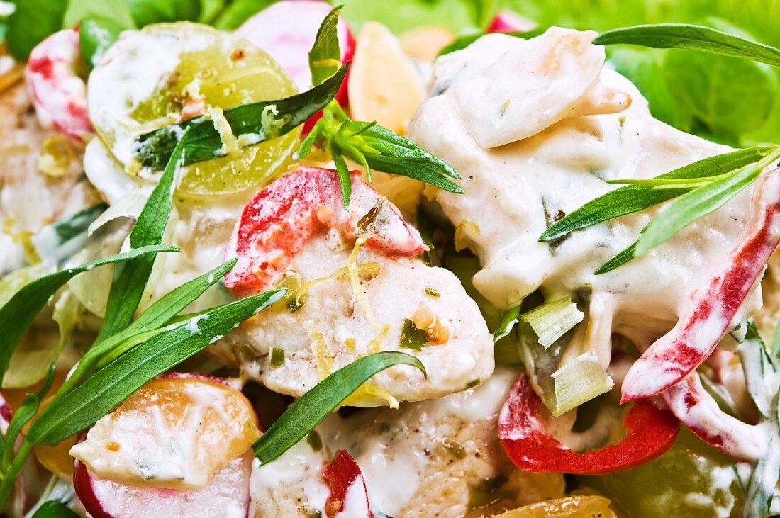 Chicken salad with a creme fraiche dressing, tarragon, grapes and chilli