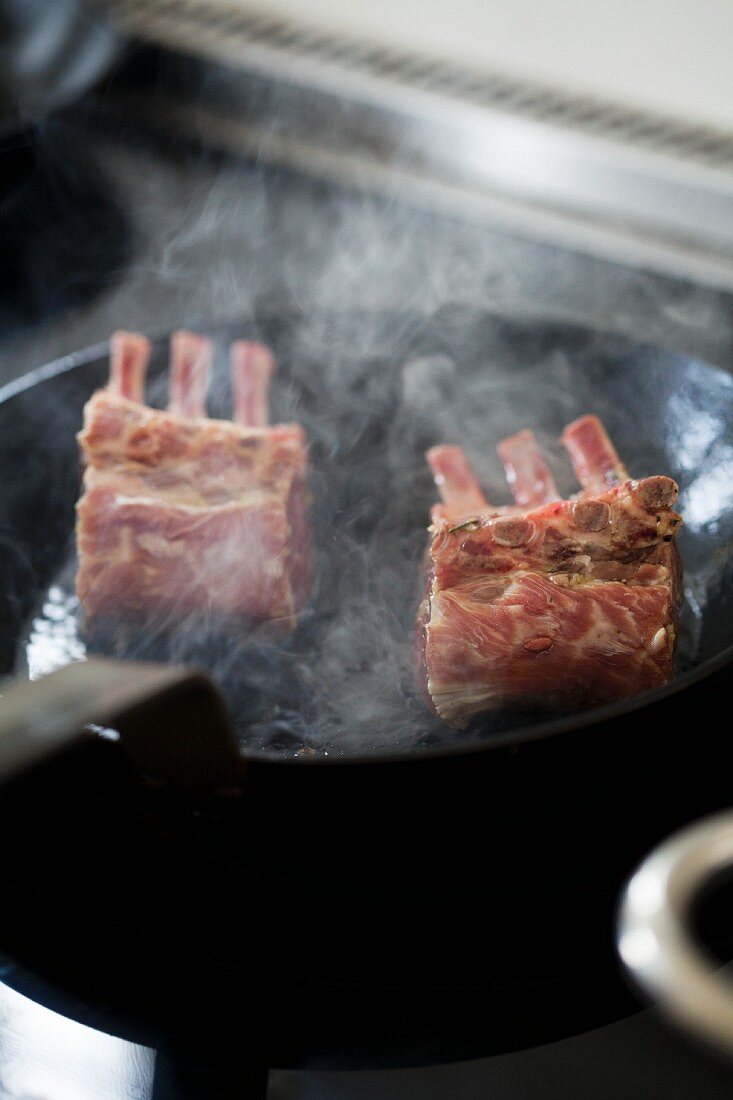 Lamb chops in a pan