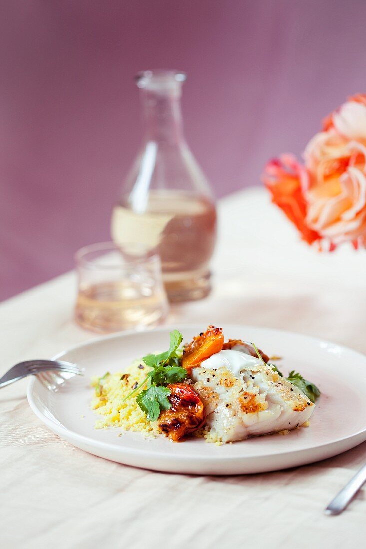Marinated cod with couscous and roasted apricots